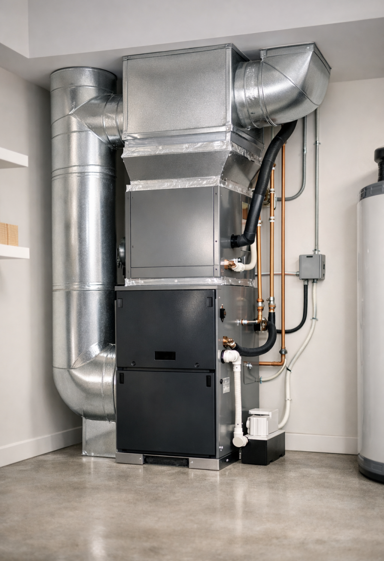 Newly installed HVAC system, New Metal ductwork in a modern utility room.